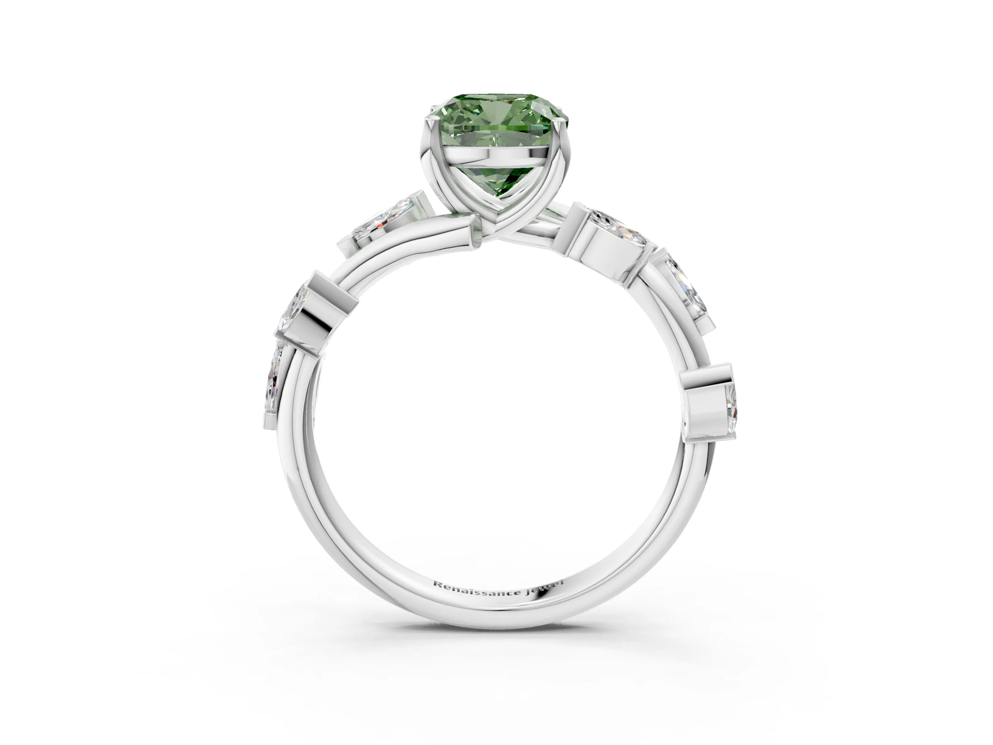 White gold Fancy Green Cushion Cut Solitaire Twisted Band Marquise Accent Prong Setting Ring_3