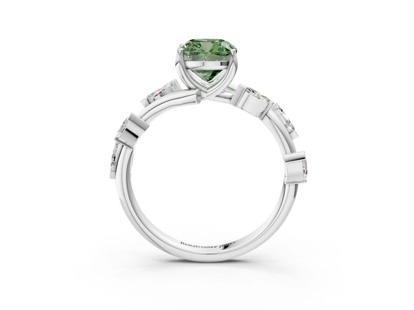 Platinum Fancy Green Cushion Cut Solitaire Twisted Band Marquise Accent Prong Setting Ring