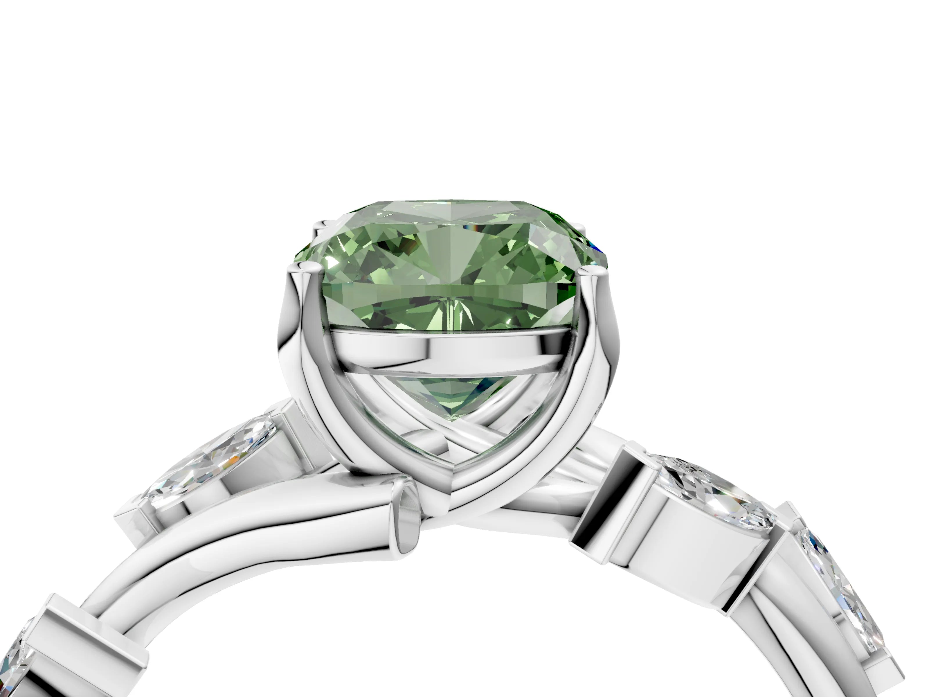 White gold Fancy Green Cushion Cut Solitaire Twisted Band Marquise Accent Prong Setting Ring_4