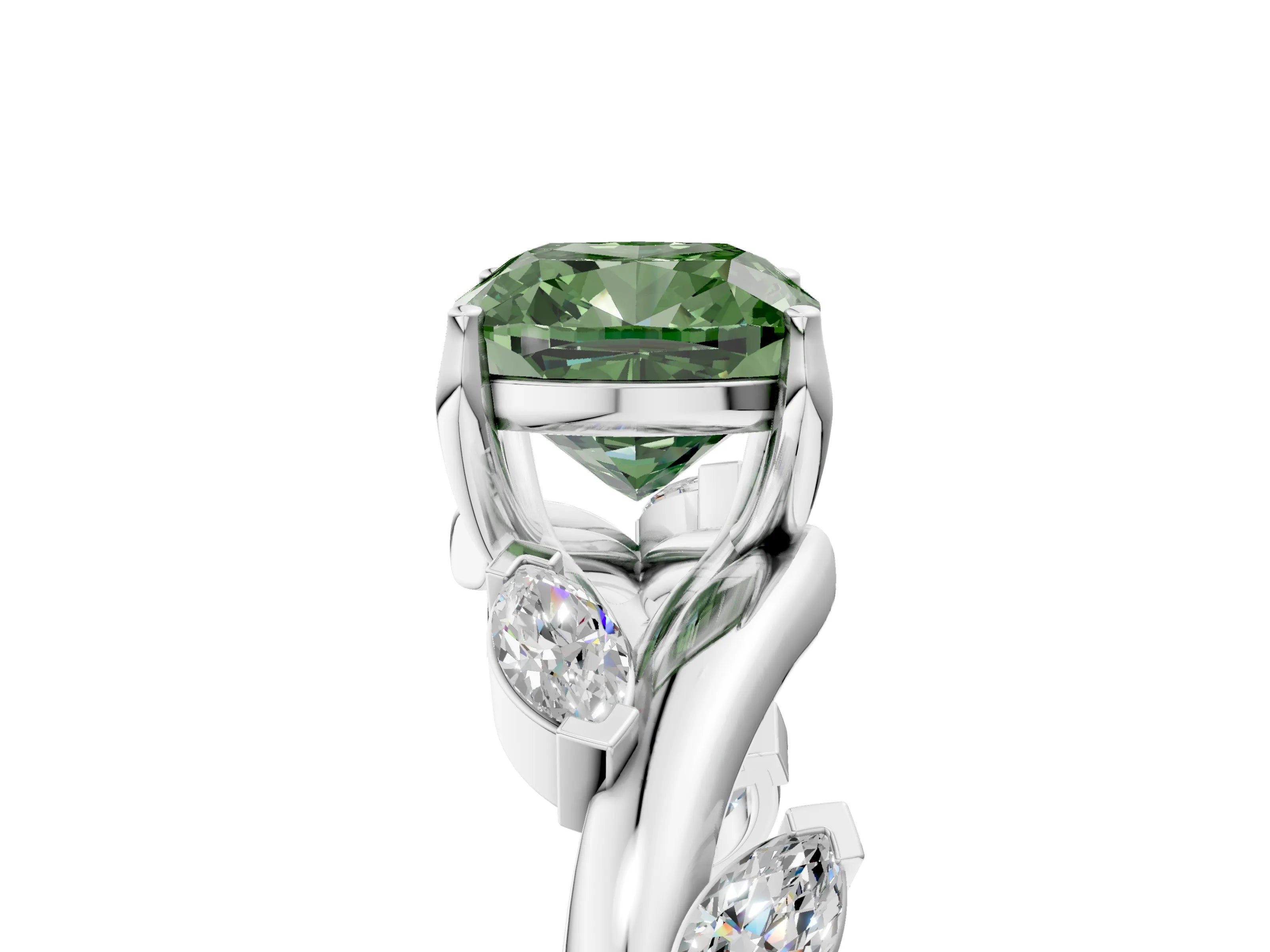 White gold Fancy Green Cushion Cut Solitaire Twisted Band Marquise Accent Prong Setting Ring_5