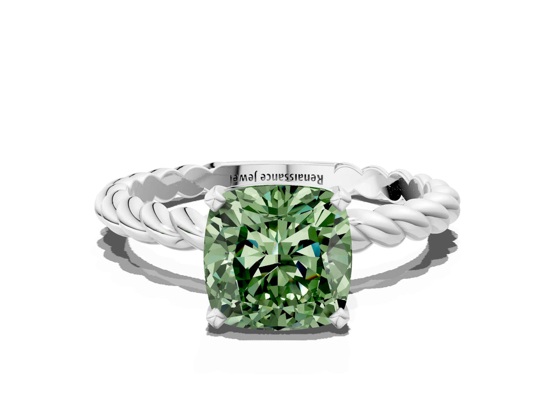 White gold Fancy Green Cushion  Cut Solitaire Twisted Band with Four-Prong Setting_100