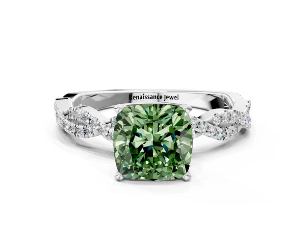 White gold Fancy Green Cushion Cut Solitaire Twisted Pave Band with Four-Prong Setting