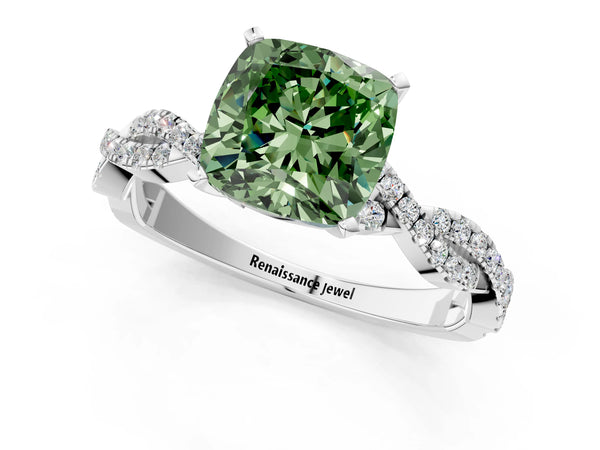 White gold Fancy Green Cushion Cut Solitaire Twisted Pave Band with Four-Prong Setting
