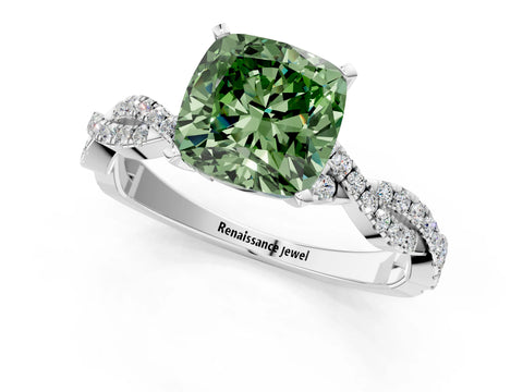 White gold Fancy Green Cushion Cut Solitaire Twisted Pave Band with Four-Prong Setting_16