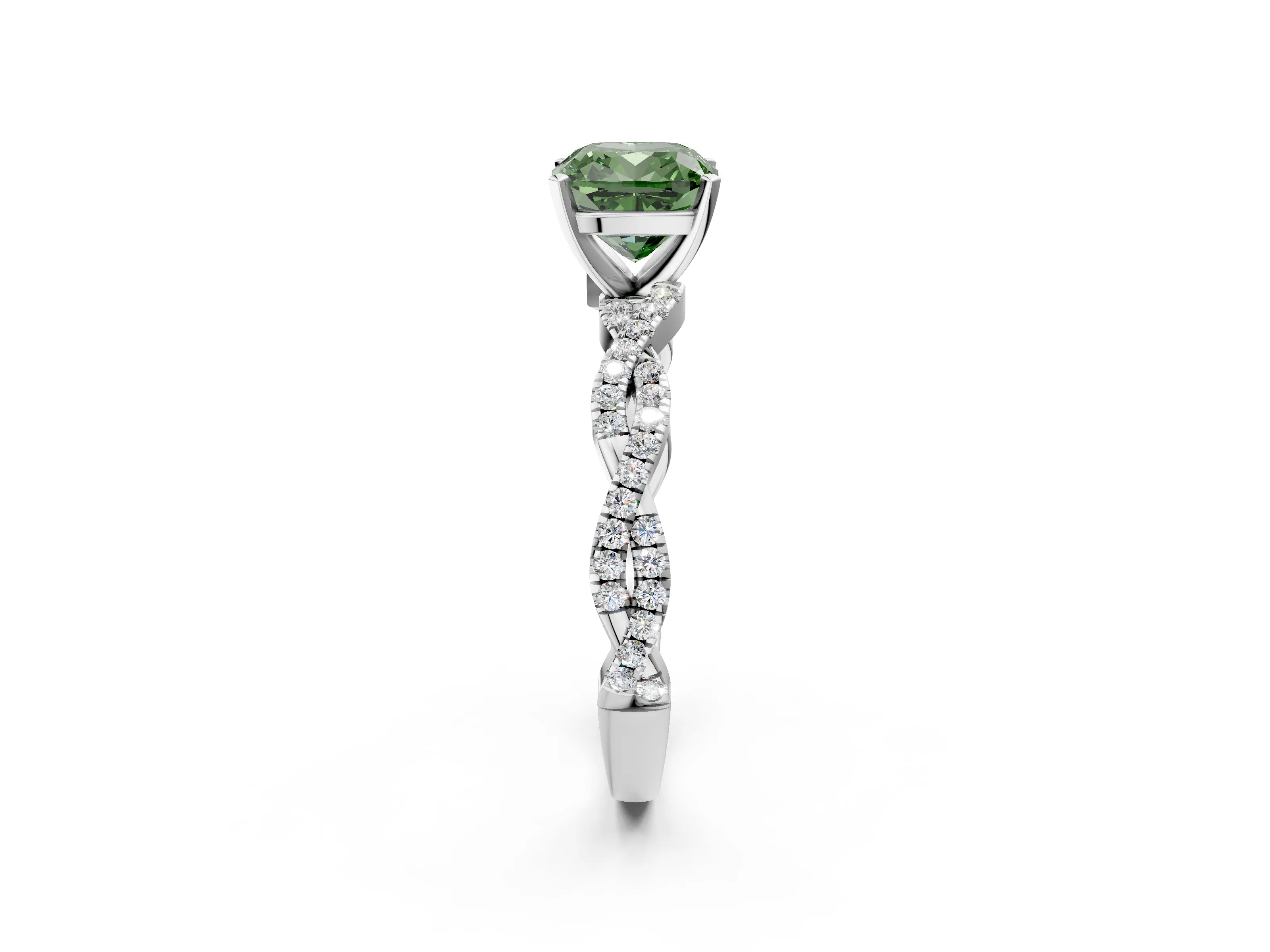 White gold Fancy Green Cushion Cut Solitaire Twisted Pave Band with Four-Prong Setting_17