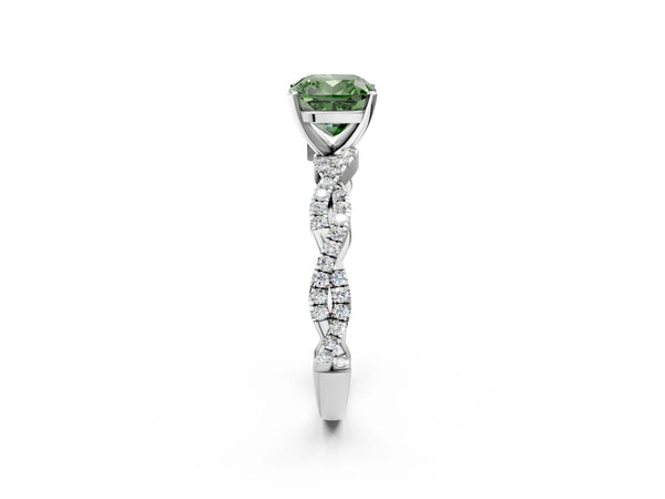 White gold Fancy Green Cushion Cut Solitaire Twisted Pave Band with Four-Prong Setting