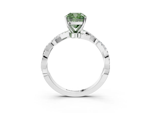 White gold Fancy Green Cushion Cut Solitaire Twisted Pave Band with Four-Prong Setting