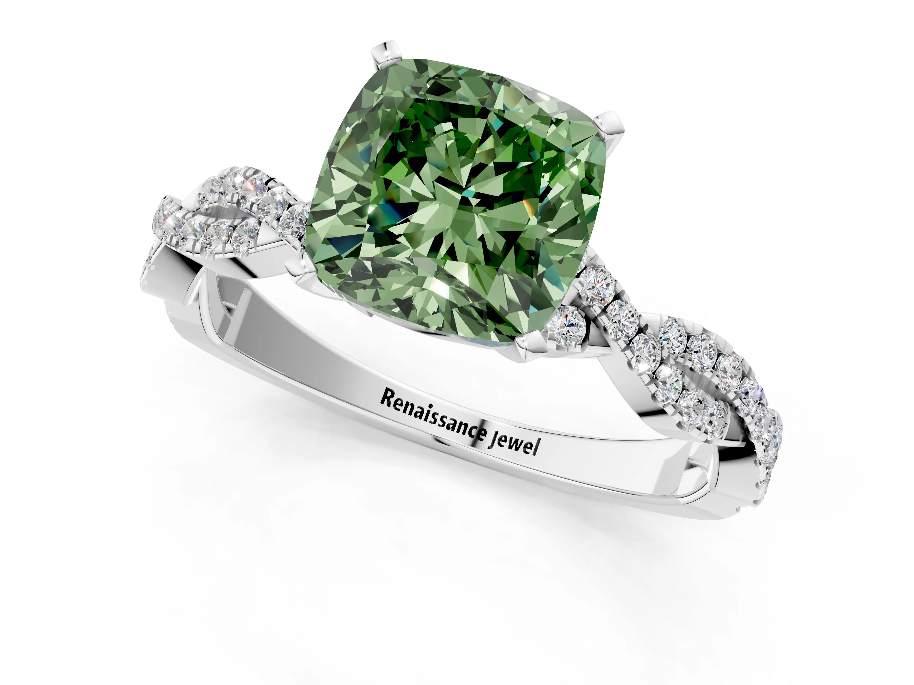 White gold Fancy Green Cushion Cut Solitaire Twisted Pave Band with Four-Prong Setting_4