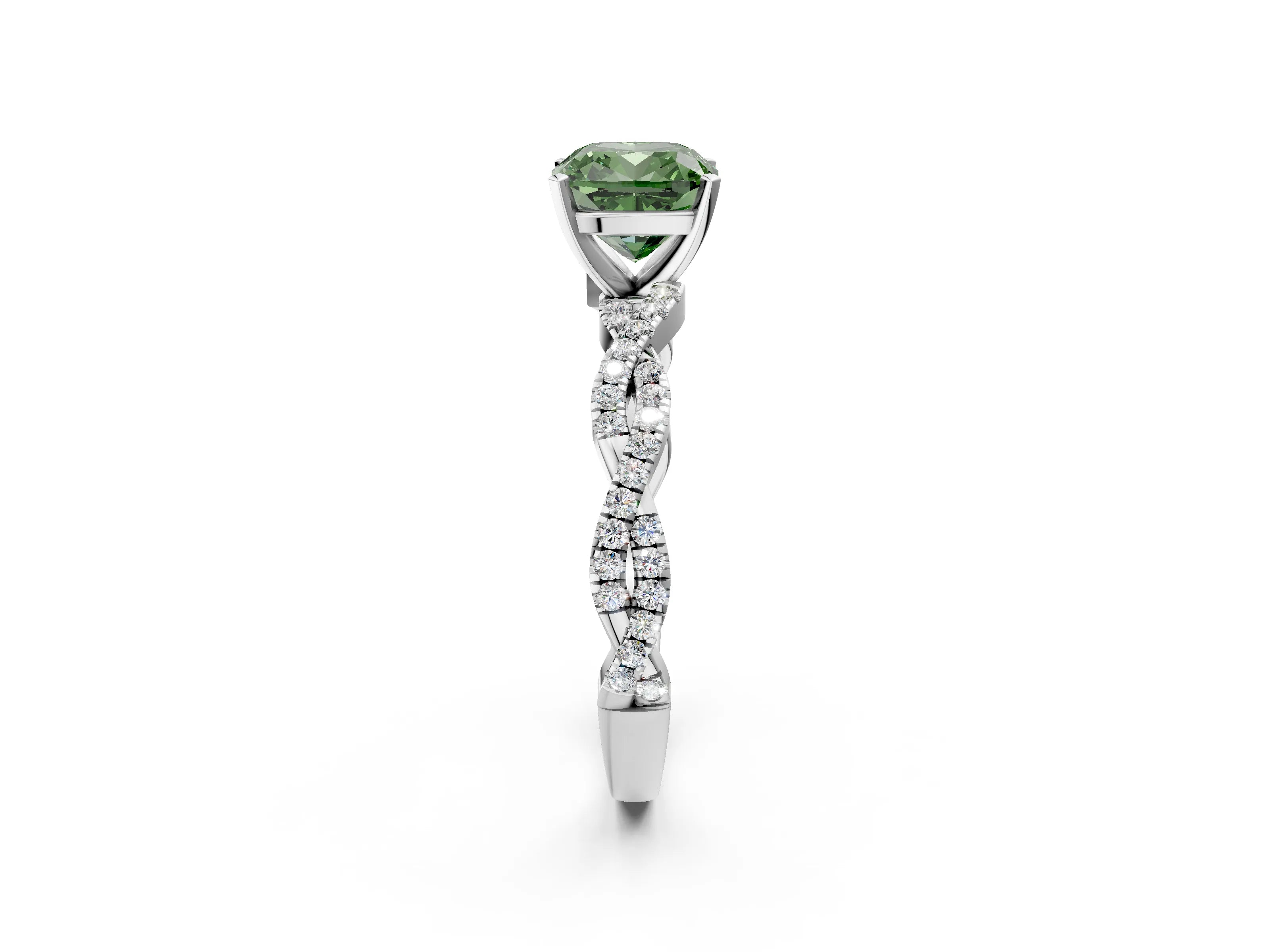 White gold Fancy Green Cushion Cut Solitaire Twisted Pave Band with Four-Prong Setting_5