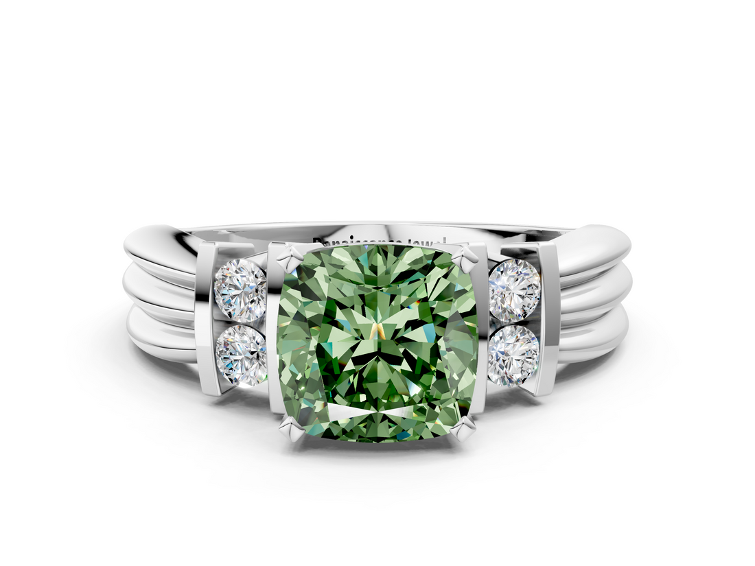 White gold Fancy Green Cushion  Cut Three-Stone Channel Set Ring with Bar Prongs_47