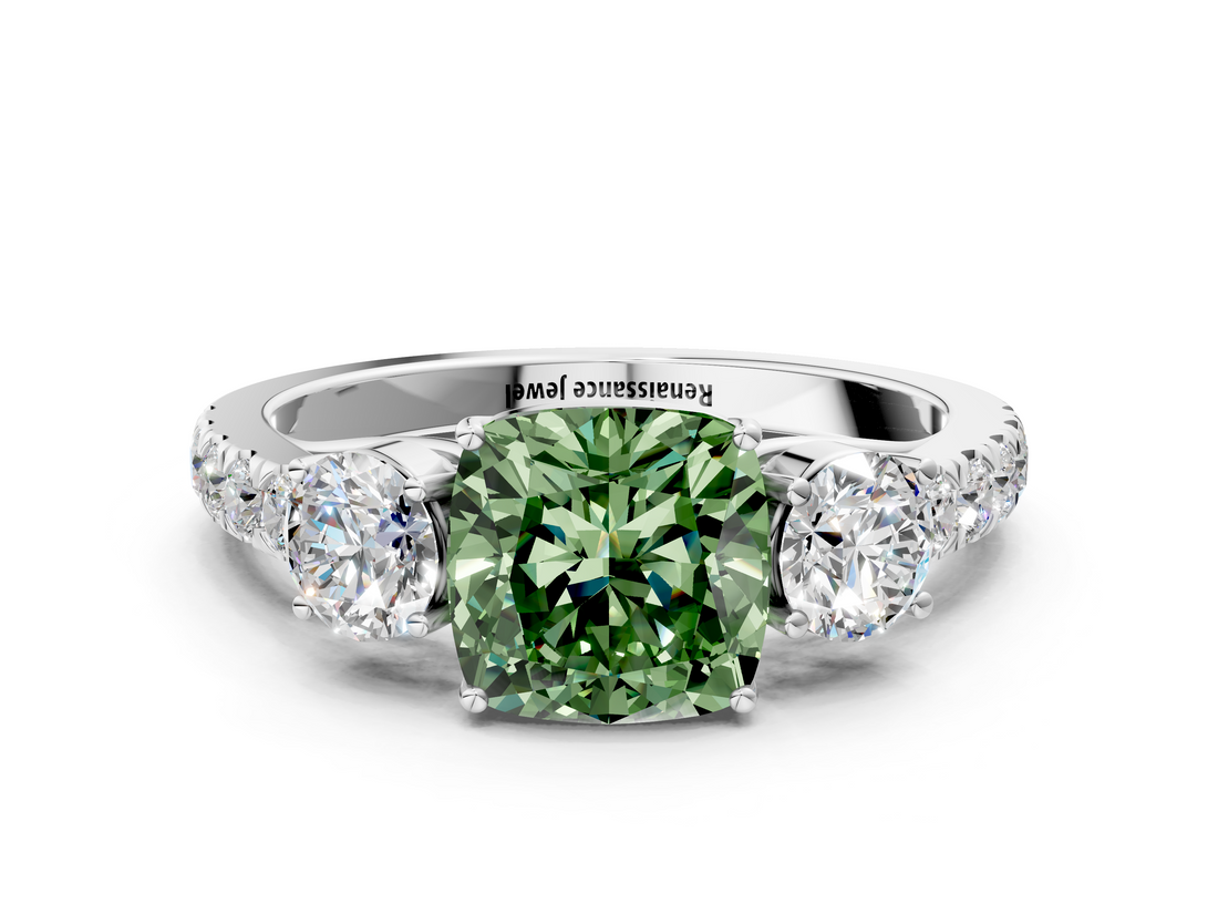White gold Fancy Green Cushion  Cut Three-Stone Diamond Pave Band with Prong Setting_37