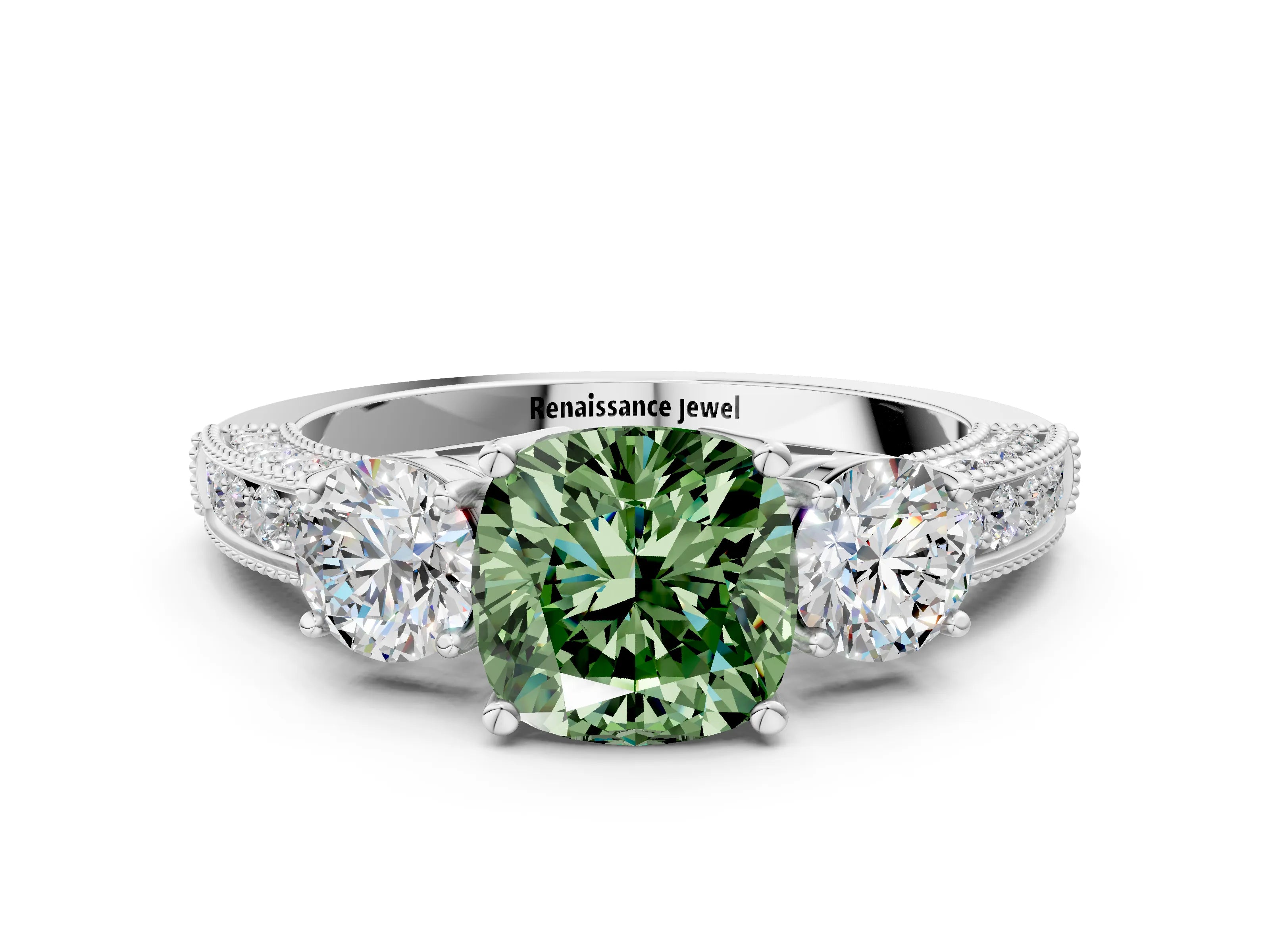 White gold Fancy Green Cushion Cut Three-Stone Diamond Ring with Pavé Band and Four-Prong Setting_12