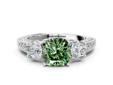 White gold Fancy Green Cushion Cut Three-Stone Diamond Ring with Pavé Band and Four-Prong Setting_12
