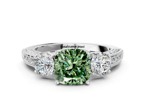 White gold Fancy Green Cushion Cut Three-Stone Diamond Ring with Pavé Band and Four-Prong Setting_12