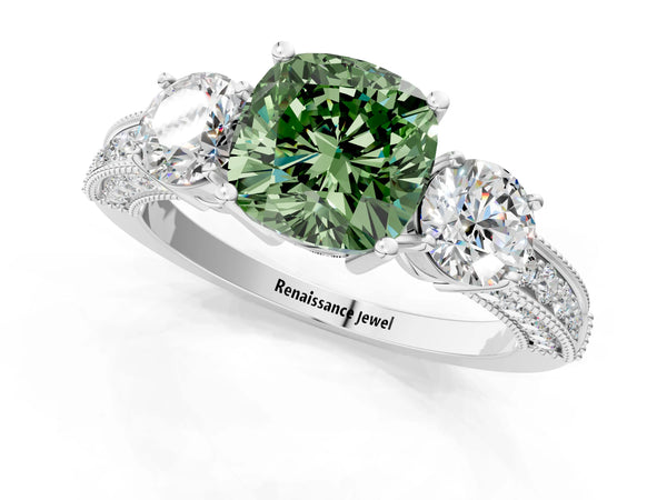 Platinum Fancy Green Cushion Cut Three-Stone Diamond Ring with Pavé Band and Four-Prong Setting