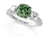 White gold Fancy Green Cushion Cut Three-Stone Diamond Ring with Pavé Band and Four-Prong Setting_13