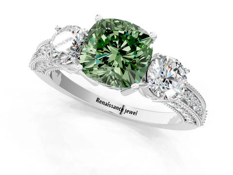 White gold Fancy Green Cushion Cut Three-Stone Diamond Ring with Pavé Band and Four-Prong Setting_13