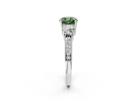 White gold Fancy Green Cushion Cut Three-Stone Diamond Ring with Pavé Band and Four-Prong Setting_14