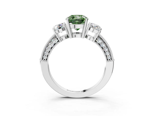 Platinum Fancy Green Cushion Cut Three-Stone Diamond Ring with Pavé Band and Four-Prong Setting