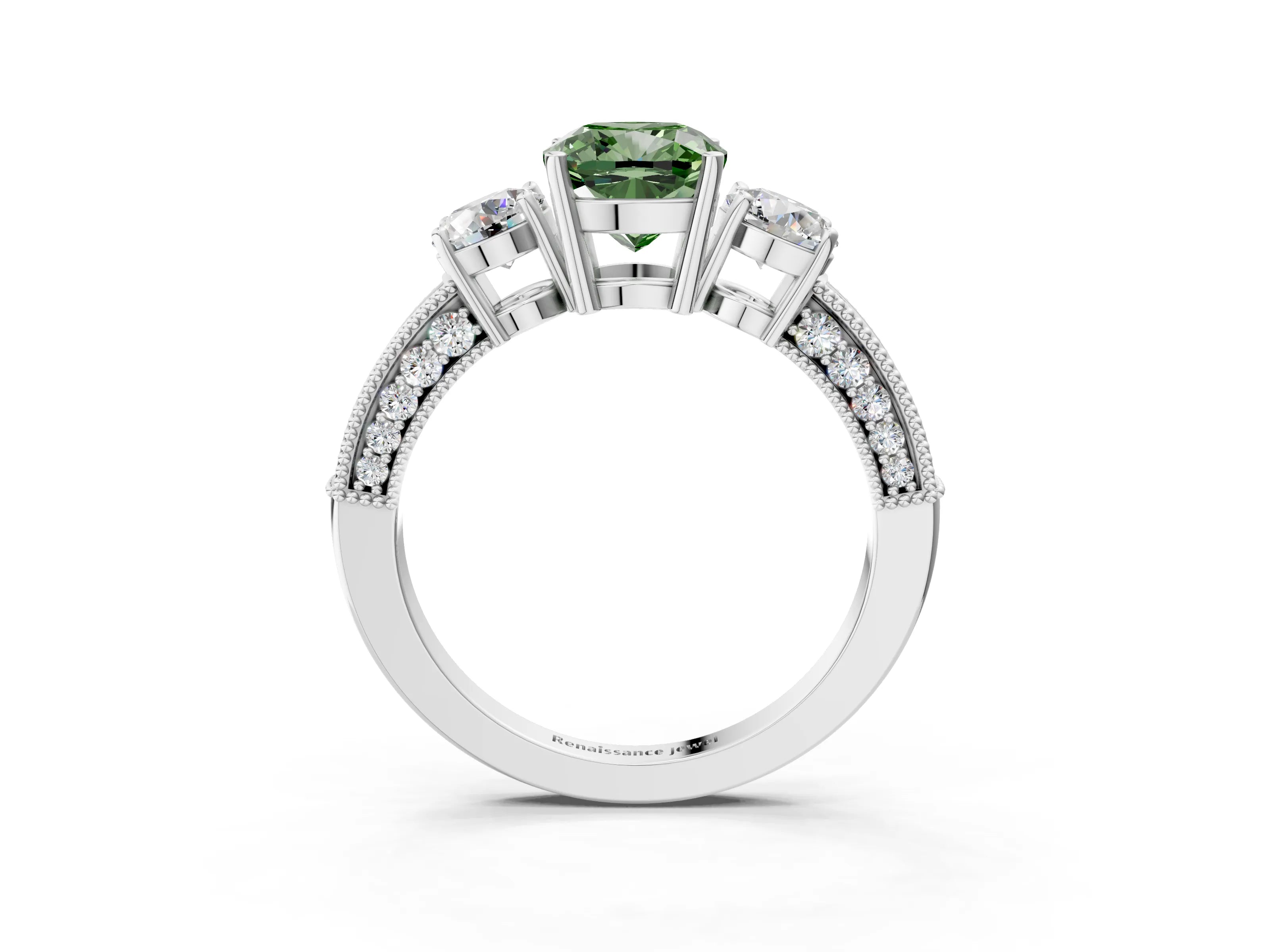 White gold Fancy Green Cushion Cut Three-Stone Diamond Ring with Pavé Band and Four-Prong Setting_15