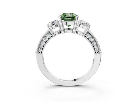 White gold Fancy Green Cushion Cut Three-Stone Diamond Ring with Pavé Band and Four-Prong Setting_15