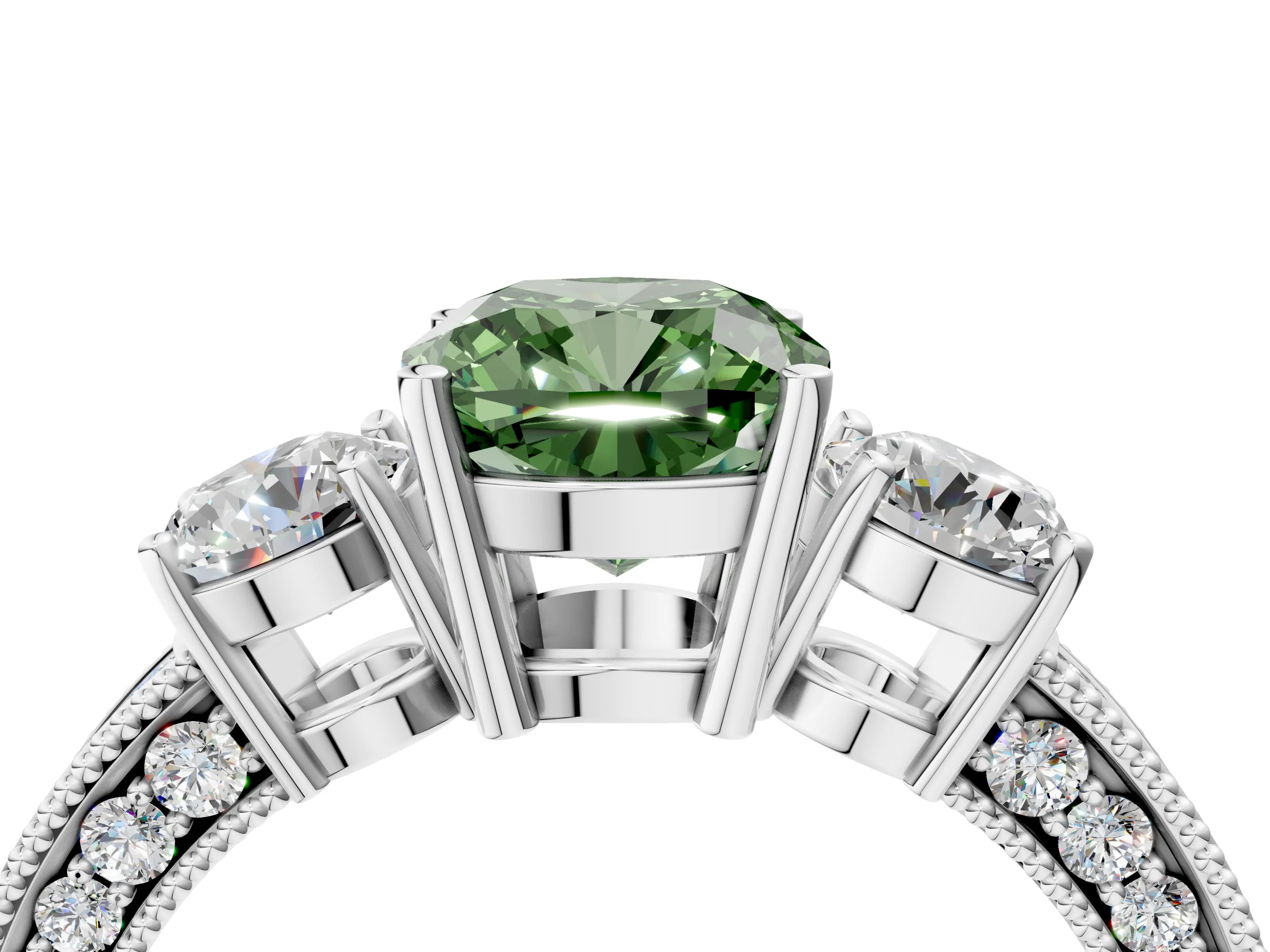 White gold Fancy Green Cushion Cut Three-Stone Diamond Ring with Pavé Band and Four-Prong Setting_16
