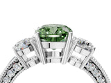 White gold Fancy Green Cushion Cut Three-Stone Diamond Ring with Pavé Band and Four-Prong Setting_16