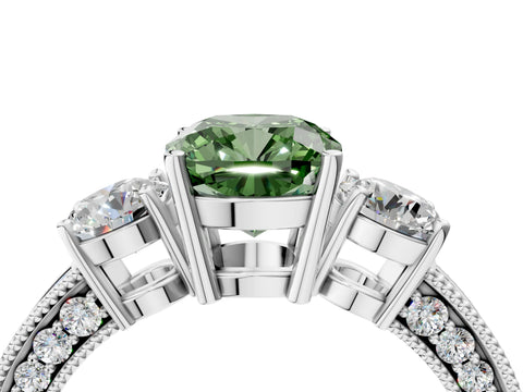 White gold Fancy Green Cushion Cut Three-Stone Diamond Ring with Pavé Band and Four-Prong Setting_16