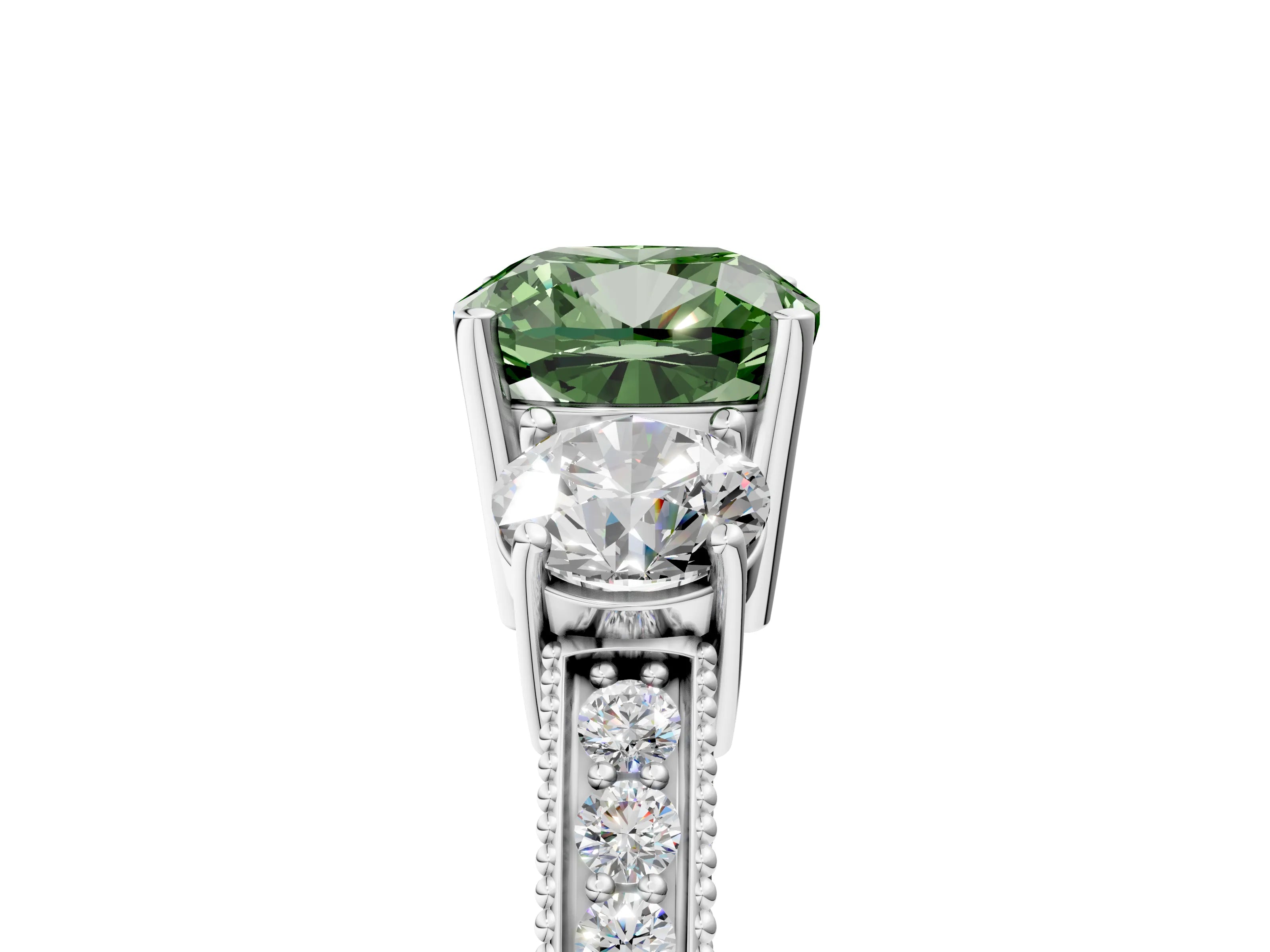 White gold Fancy Green Cushion Cut Three-Stone Diamond Ring with Pavé Band and Four-Prong Setting_17