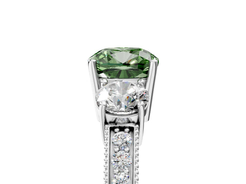 White gold Fancy Green Cushion Cut Three-Stone Diamond Ring with Pavé Band and Four-Prong Setting_17