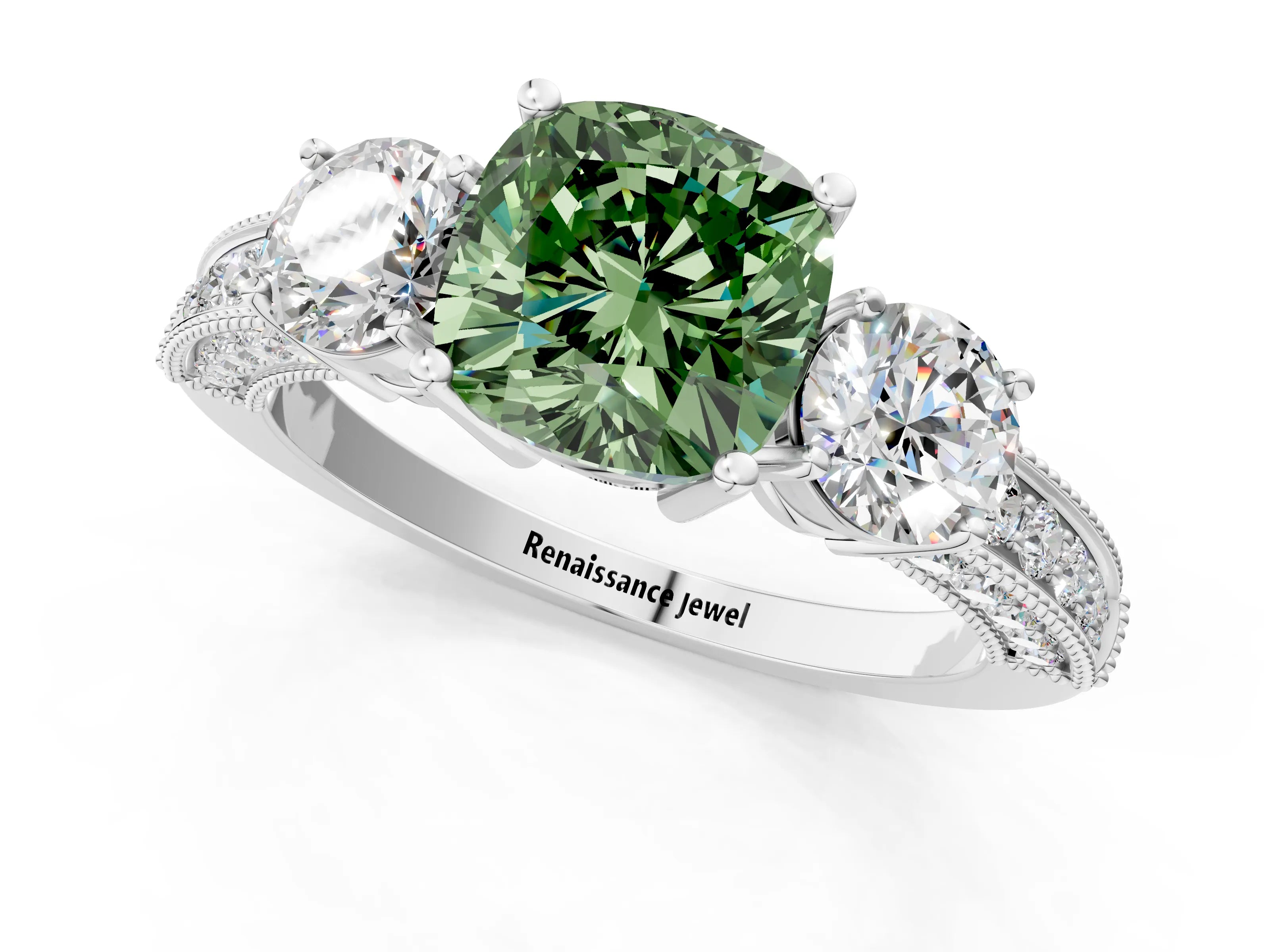White gold Fancy Green Cushion Cut Three-Stone Diamond Ring with Pavé Band and Four-Prong Setting_1