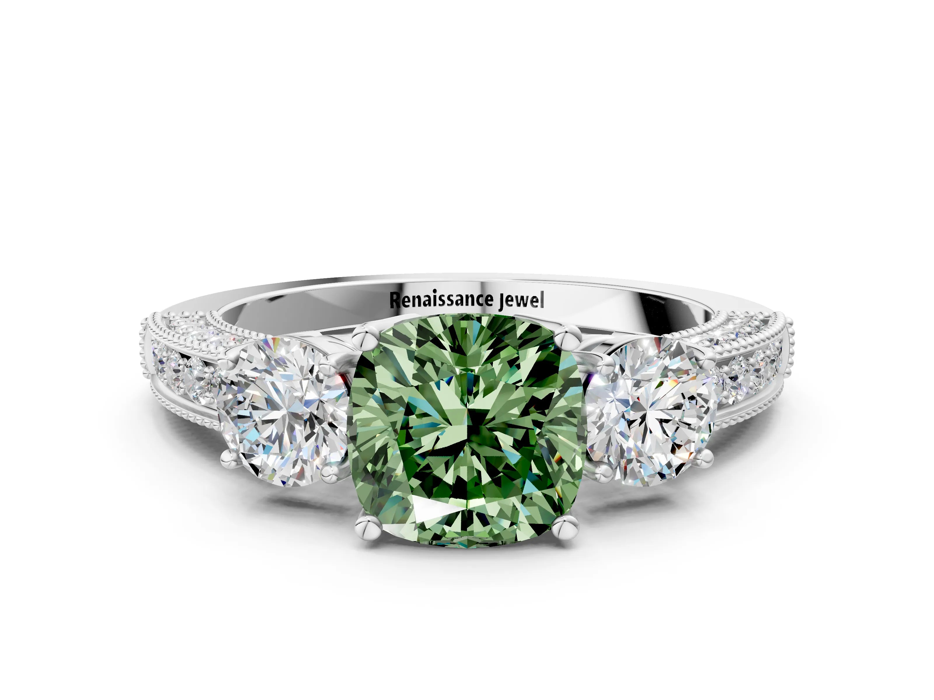 White gold Fancy Green Cushion Cut Three-Stone Diamond Ring with Pavé Band and Four-Prong Setting