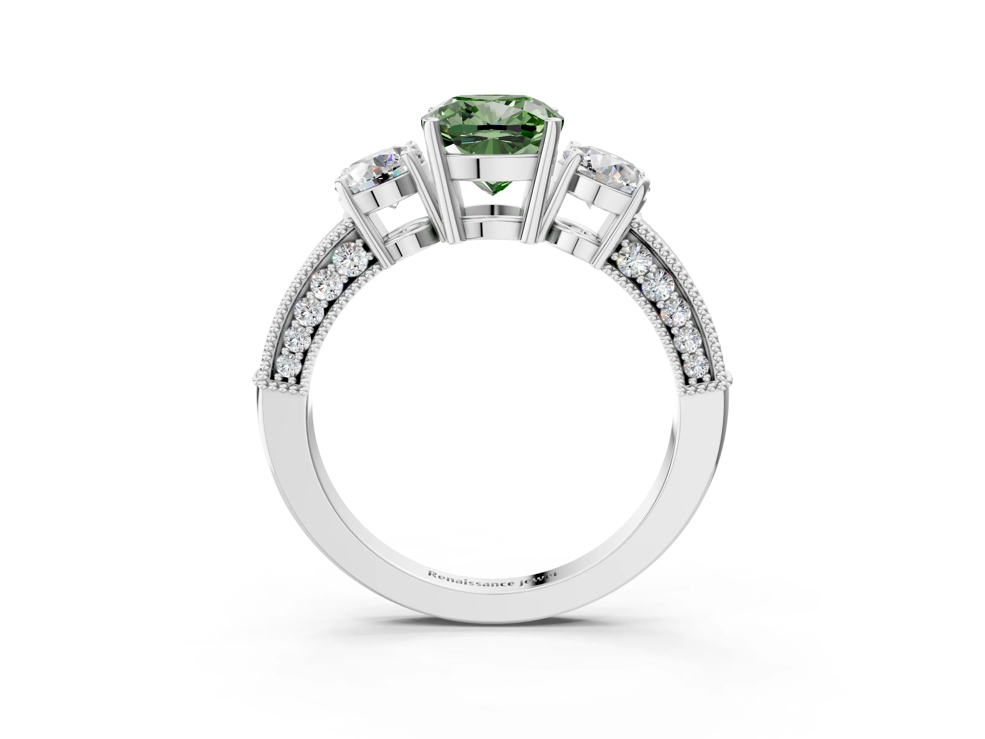 White gold Fancy Green Cushion Cut Three-Stone Diamond Ring with Pavé Band and Four-Prong Setting_3