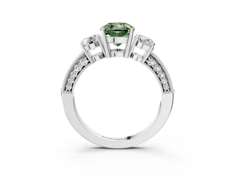 White gold Fancy Green Cushion Cut Three-Stone Diamond Ring with Pavé Band and Four-Prong Setting_3