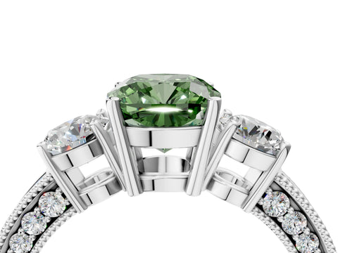 White gold Fancy Green Cushion Cut Three-Stone Diamond Ring with Pavé Band and Four-Prong Setting_4