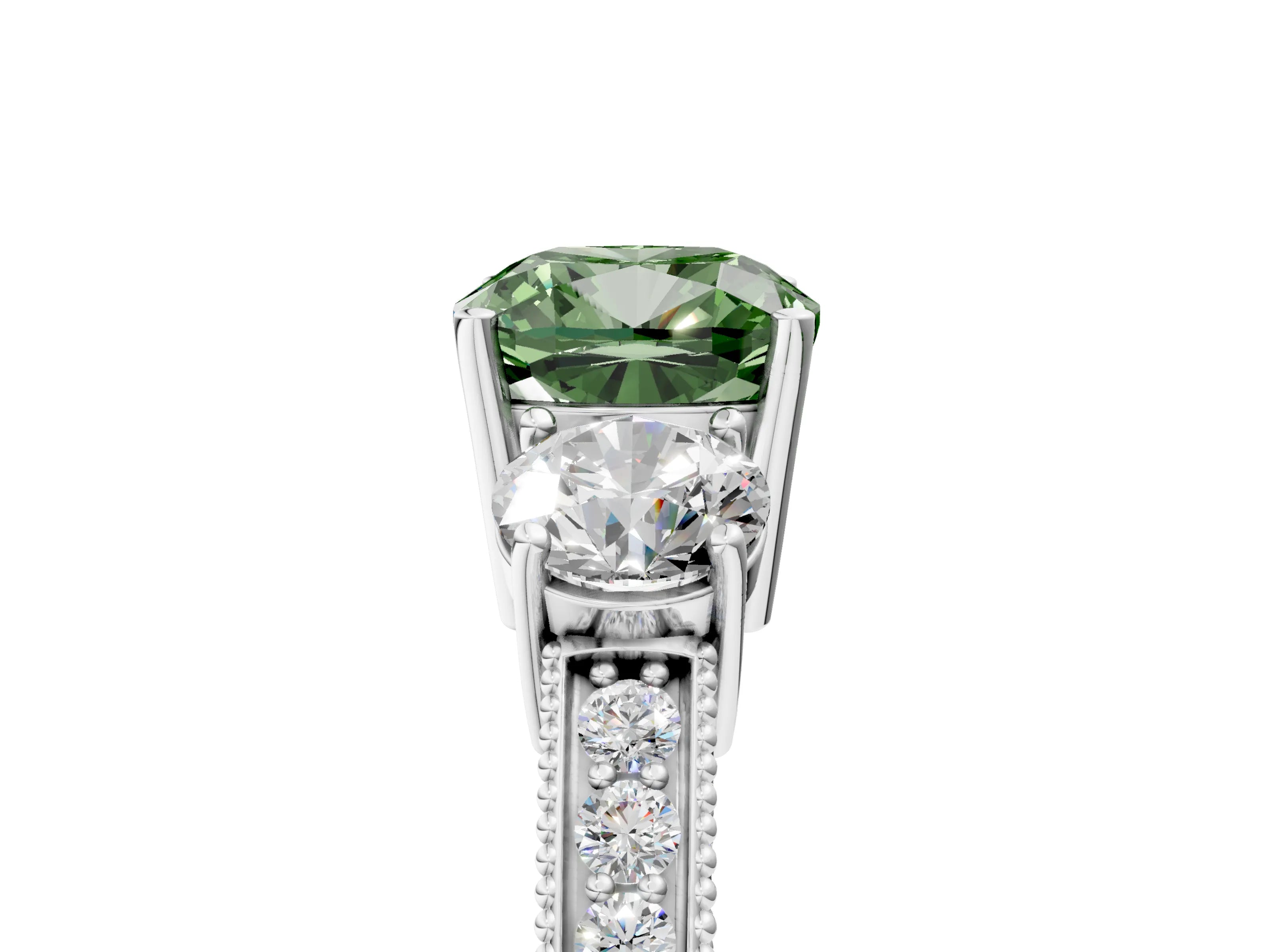 White gold Fancy Green Cushion Cut Three-Stone Diamond Ring with Pavé Band and Four-Prong Setting_5