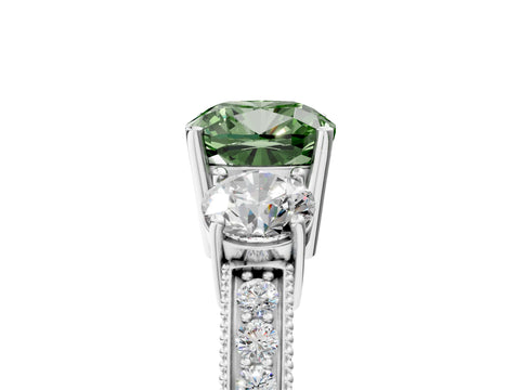 White gold Fancy Green Cushion Cut Three-Stone Diamond Ring with Pavé Band and Four-Prong Setting_5