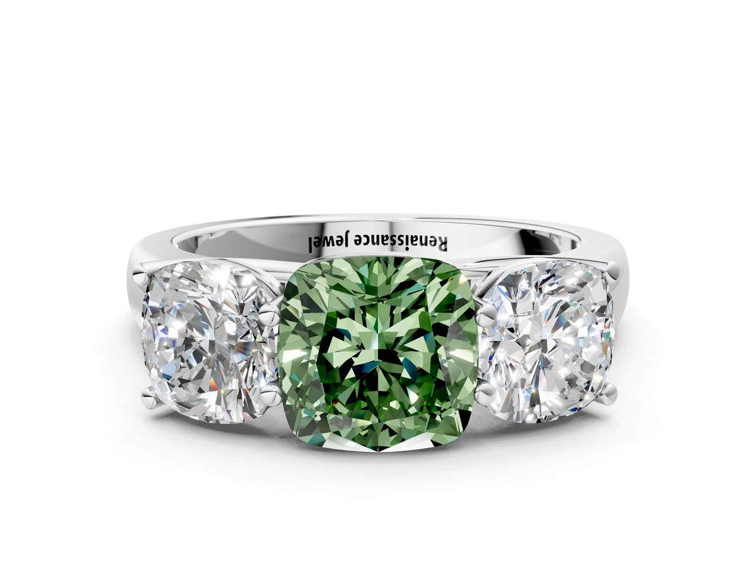 White gold Fancy Green Cushion Cut Three-Stone Diamond Ring with Prong Setting on a Classic Band_12