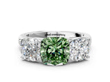 White gold Fancy Green Cushion Cut Three-Stone Diamond Ring with Prong Setting on a Classic Band_12