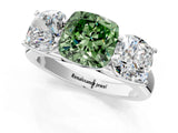 White gold Fancy Green Cushion Cut Three-Stone Diamond Ring with Prong Setting on a Classic Band_13