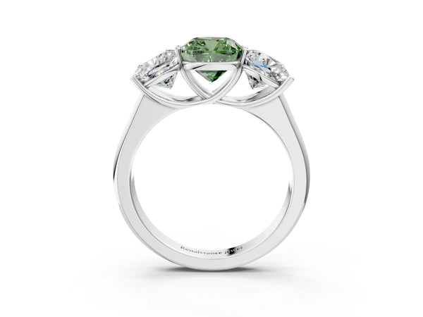 White gold Fancy Green Cushion Cut Three-Stone Diamond Ring with Prong Setting on a Classic Band