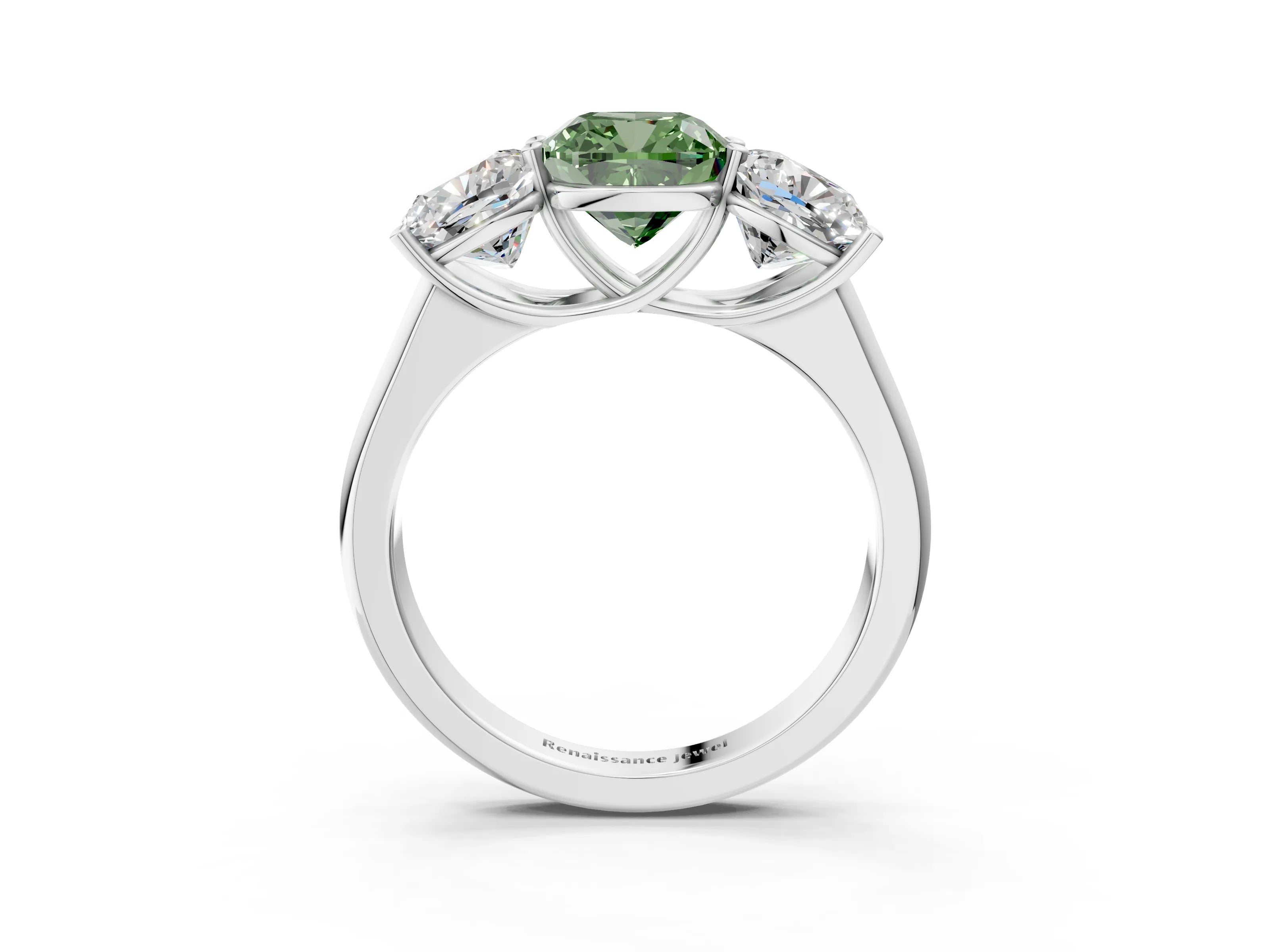 White gold Fancy Green Cushion Cut Three-Stone Diamond Ring with Prong Setting on a Classic Band_3