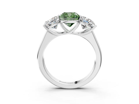 White gold Fancy Green Cushion Cut Three-Stone Diamond Ring with Prong Setting on a Classic Band_3
