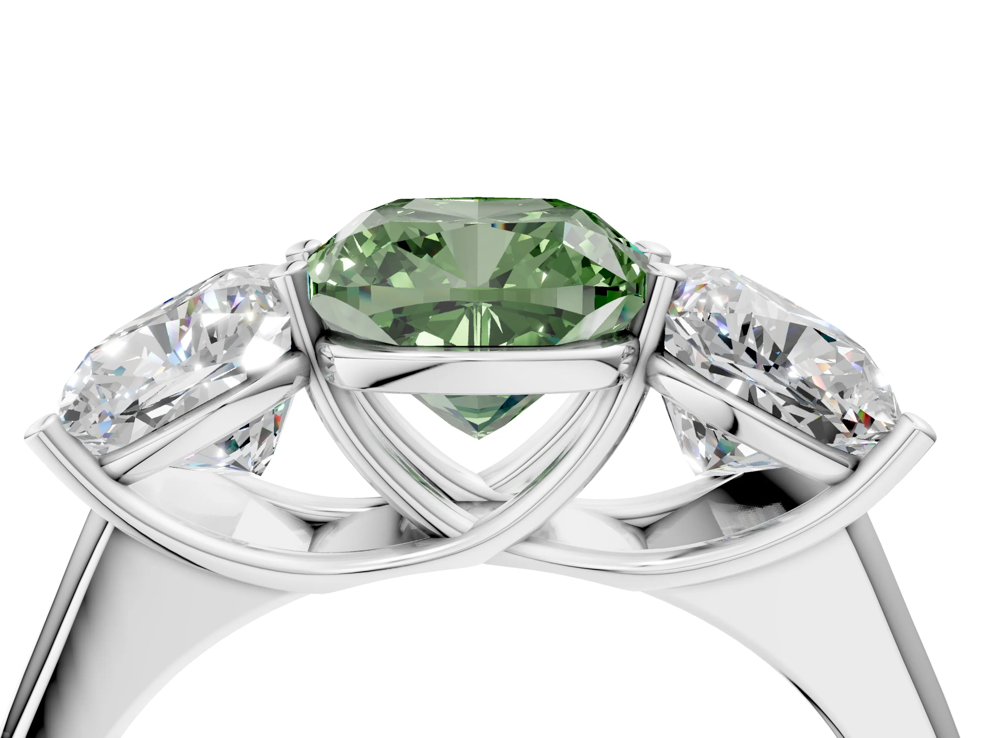 White gold Fancy Green Cushion Cut Three-Stone Diamond Ring with Prong Setting on a Classic Band_4