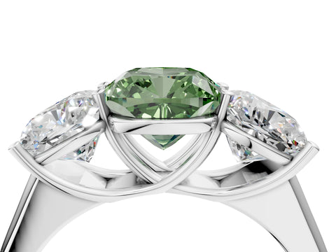 White gold Fancy Green Cushion Cut Three-Stone Diamond Ring with Prong Setting on a Classic Band_4