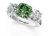 White gold Fancy Green Cushion Cut Three-Stone Diamond Ring with Prong Setting on a Classic Band_7