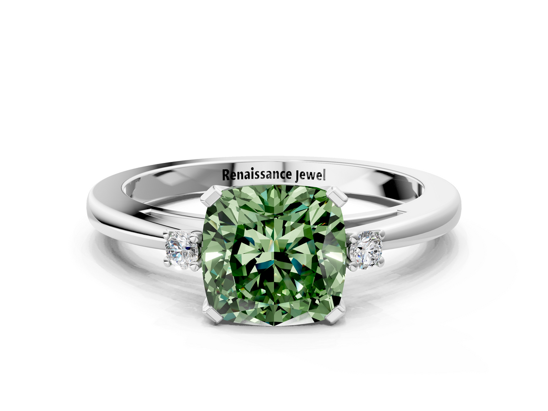White gold Fancy Green Cushion  Cut Three-Stone Solitaire Ring with Round Accent Diamonds and Four-Prong Setting_20