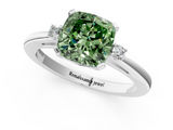 White gold Fancy Green Cushion  Cut Three-Stone Solitaire Ring with Round Accent Diamonds and Four-Prong Setting_21