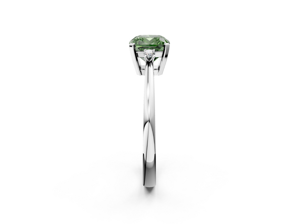 Platinum Fancy Green Cushion  Cut Three-Stone Solitaire Ring with Round Accent Diamonds and Four-Prong Setting