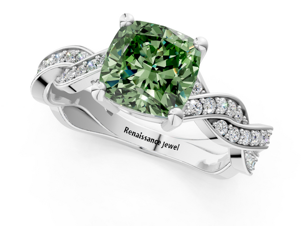 White gold Fancy Green Cushion  Cut Twisted Pavé Band Solitaire Ring with Four-Prong Setting